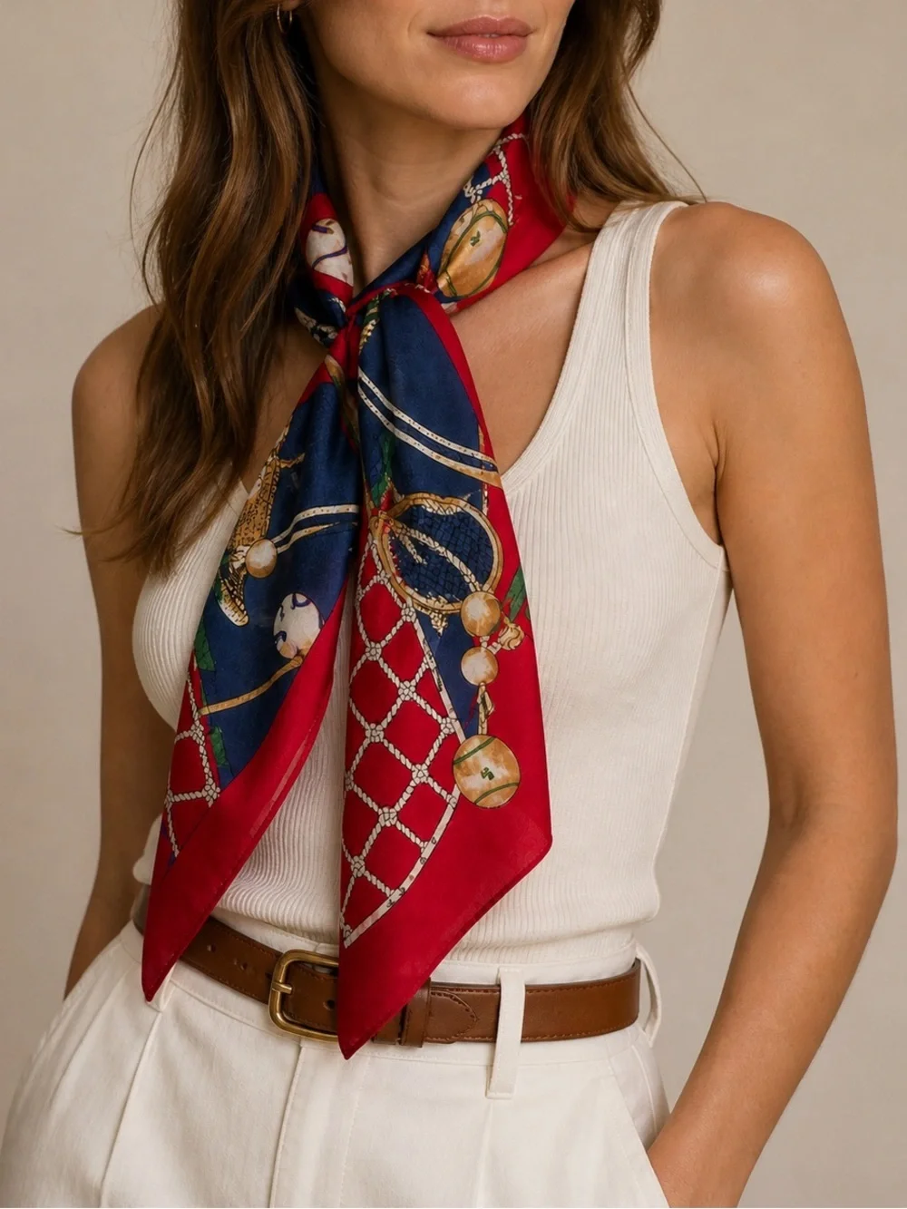 Vintage Liz Claiborne Tennis Equestrian Silk Feel Scarf Red Blue Chain Print